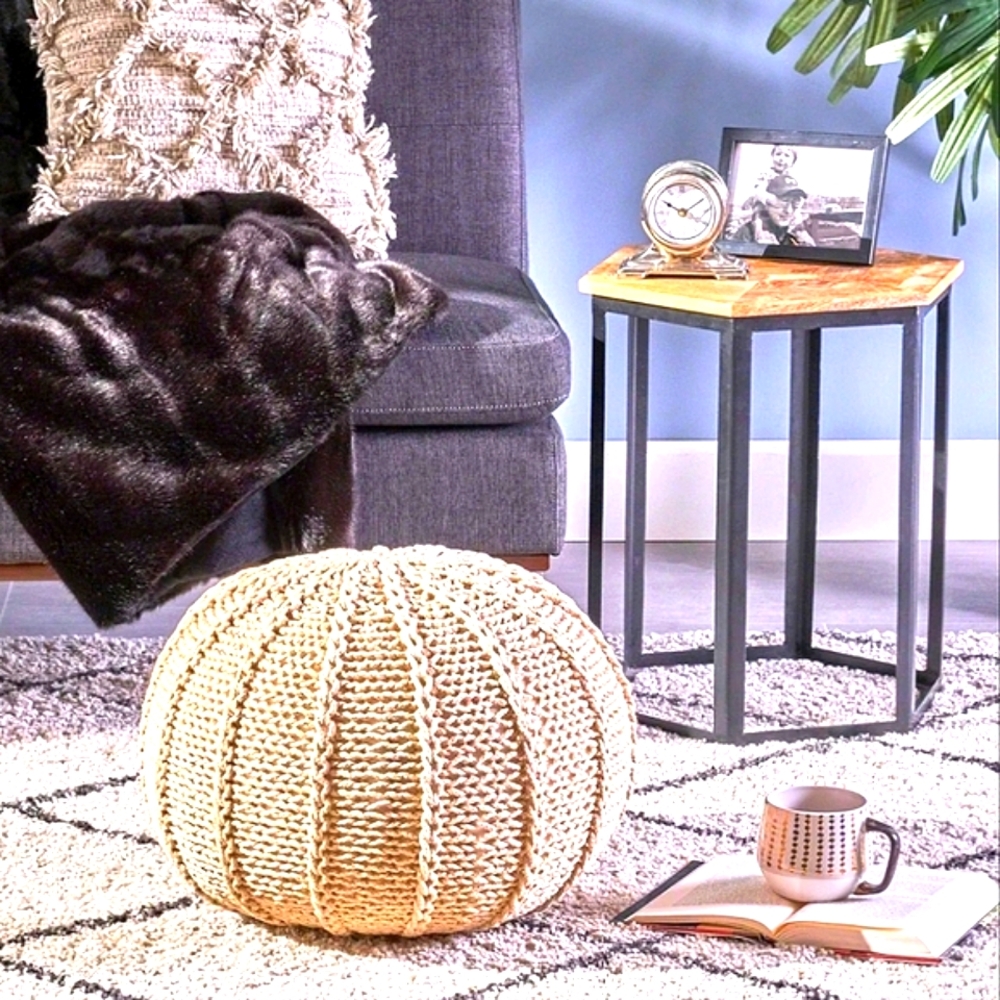 Christopher Knight | Home Agatha Knitted Cotton Pouf, Beige Small | NWOT
